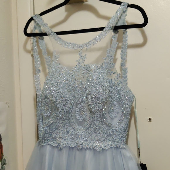 Elegant Ice Blue Lace And Rhinestone Formal Dress - Picture 7 of 10